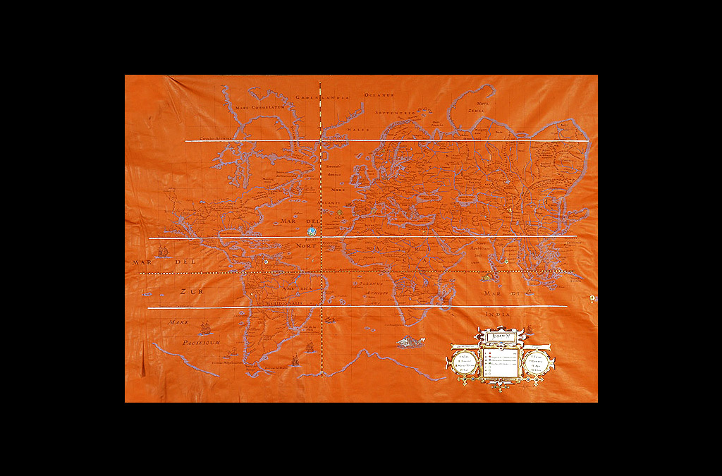 Mapa pirograbado sobre pieza de cuero de 2x2 m. inspirado en mapa del s. XVIII para restaurante temático.