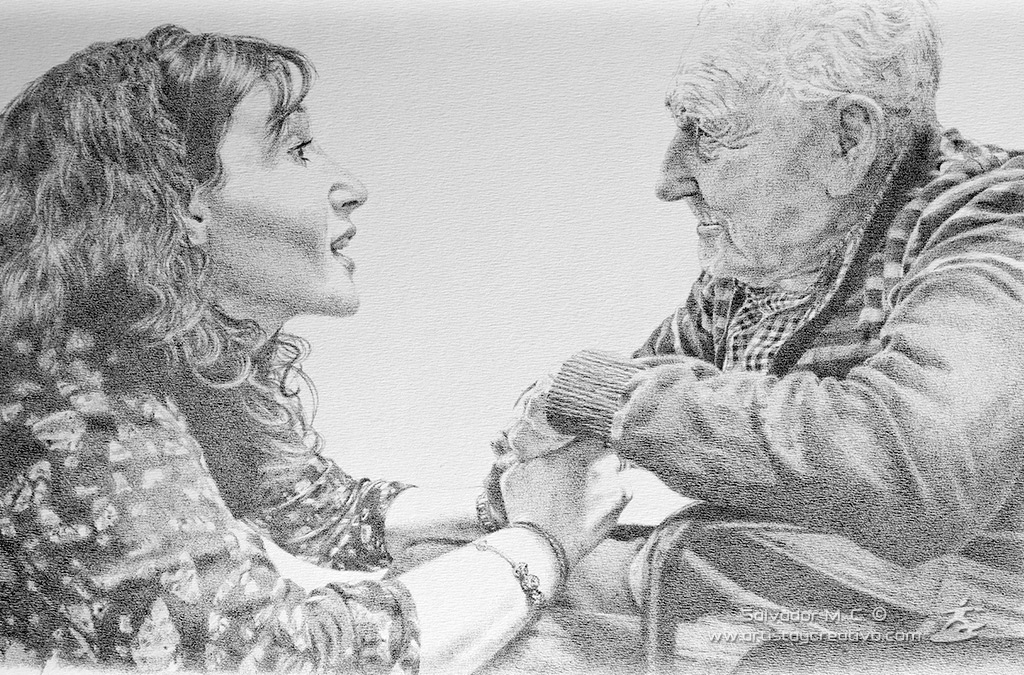 Nieta y abuelo. Lápiz de grafito sobre papel verjurado.