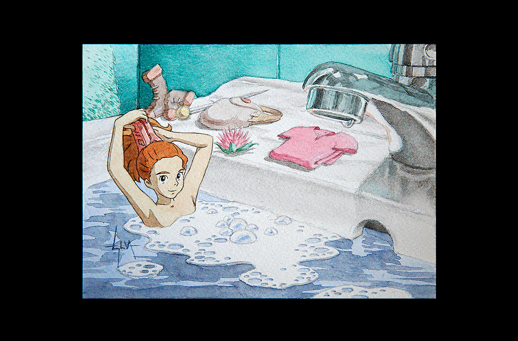 Pequeños cuadros para decorar puertas de escobero y baño, basado en el personaje de Arrietty de la película de Miyazaki. Acuarela sobre papel.