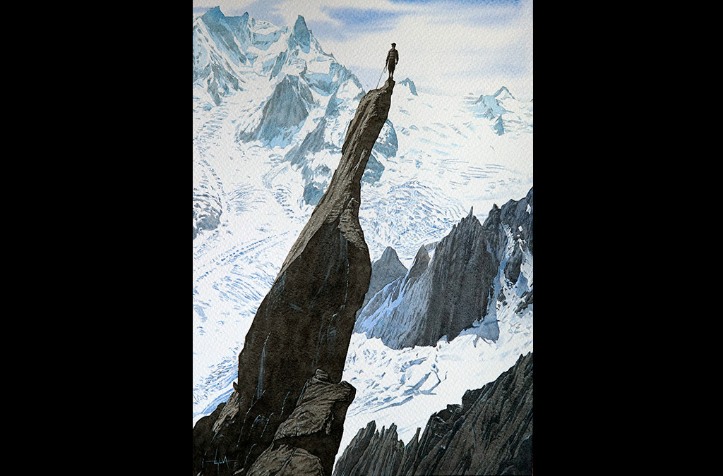 El escalador Gaston Rebuffat en el gendarme Pic du Roc en los Alpes. Acuarela sobre papel de grano grueso.