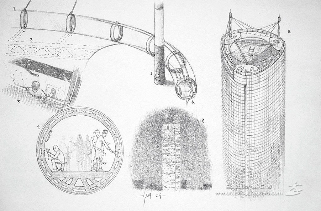 Concepto de mirador para rascacielos. Lápiz de grafito sobre papel.