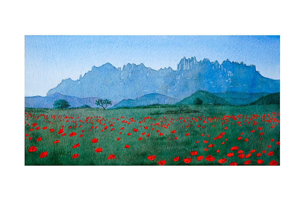 Sierra de montserrat y campo de amapolas. Acuarela sobre papel de grano fino.