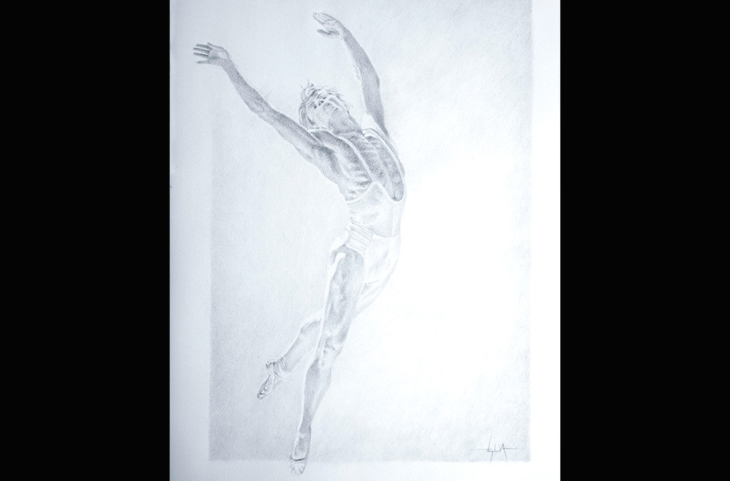 El bailarín Nureyev saltando. Punta de plata sobre papel piedra.
