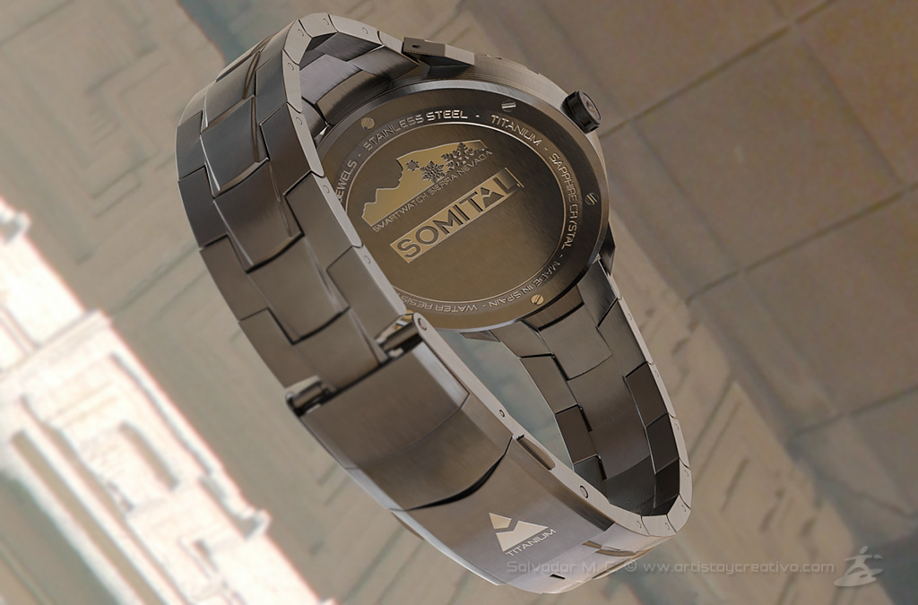 Diseño e infografía de reloj deportivo ficticio smartwatch Somital.